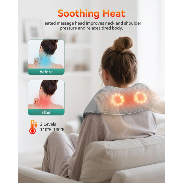 Масажер для шиї та плечей Snailax з підігрівом, акумуляторний Shiatsu 4D, для шиї, плечей, спини, подарунок, сірий та зелений