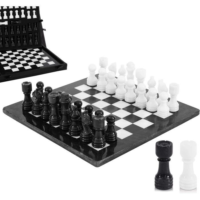Шаховий набір з мармуру для дорослих, ручної роботи, 32 фігури, 2 додаткові королеви, коробка для зберігання, розкішна подорожна гра, елегантний подарунок для дому (чорний & корал)