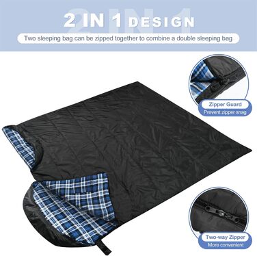 Спальний мішок Baumwoll-Flanell для дорослих, 100% бавовняний, для кемпінгу, походів, 3-4 сезони (Чорний/Блакитний)