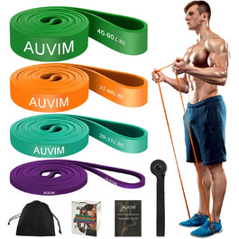Набір еластичних стрічок для фітнесу AUVIM: 3 рівні опору для силових тренувань, розтяжки, калістеніки, кросфіту, пілатесу, йоги. У комплекті: дверний анкер та сумка для зберігання (фіолетовий, синій, оранжевий, зелений)