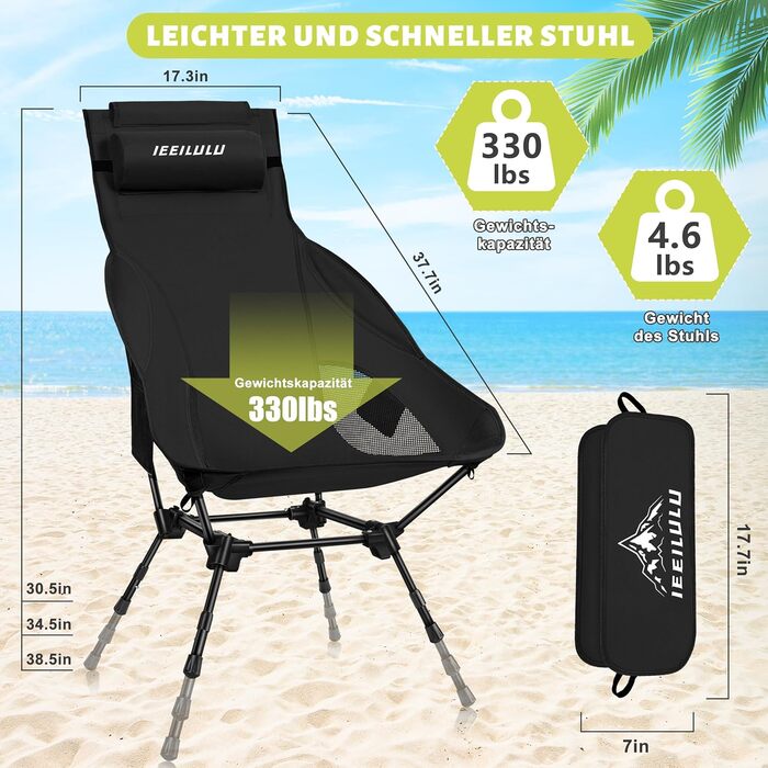 Складний туристичний стілець IEEILULU з високою спинкою, чорний. Макс. навантаження 130 кг, 2 кишені. Підходить для кемпінгу, риболовлі, пікніків та відпочинку на природі.