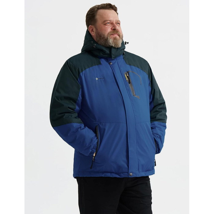 Чоловіча тепла куртка GEMYSE для катання на лижах, вітро- та водонепроникна, дихаюча, з багатьма кишенями, зимова куртка з капюшоном, білий колір (L, Lilablau Dunkelgrau)