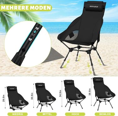 Складний туристичний стілець IEEILULU з високою спинкою, чорний. Макс. навантаження 130 кг, 2 кишені. Підходить для кемпінгу, риболовлі, пікніків та відпочинку на природі.
