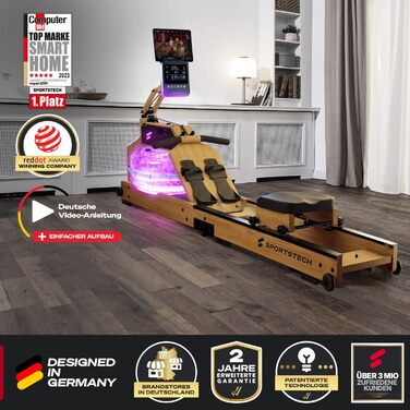 Sportstech WRX1000 OAK Преміум Гребний тренажер Water Rower для дому: з LED-дисплеєм, складною конструкцією, додатком для тренувань та тримачем для планшета. Масивне дерево.