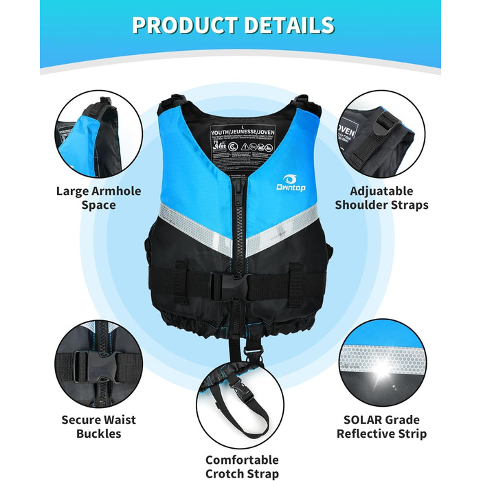Owntop Плавальна жилетка для підлітків та дітей, унісекс, регульована, для каякінгу, риболовлі, плавання, водних видів спорту. Синій, розмір Jugend-XXS (30-40 кг, 70-80 см)