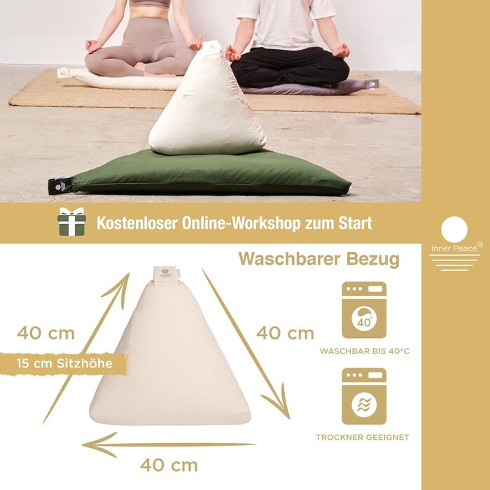 Медитаційна подушка Dreieck Inner Peace з 100% органічної бавовни, знімний чохол, наповнювач з біо-гречки, сертифікат Oeko-TEX, для йоги та медитації, натуральний колір