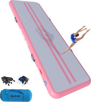 ALIFUN Гімнастичний надувний мат та акробатики надувний, 2/3/4/6 м, 10/20 см товщина, з насосом, для дому, фітнесу, тренувань, челедингу, басейну, світло-рожевий, 300x100x15 см