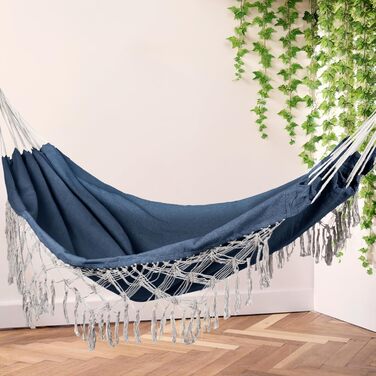 Гамак подвійний 200x150 см, до 200 кг, бавовна, блакитний, Boho стиль, для саду, балкону, тераси, дитячий та дорослий