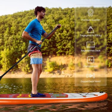 Надувна SUP-дошка MSPORTS з аксесуарами: регульоване весло, насос, 2 веслові стрижні, водонепроникний чохол для смартфона, багатофункціональна сумка, помаранчева