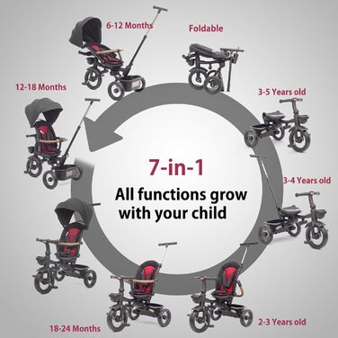 Дитяче трьохколісне велосипед UBRAVOO 7-в-1, для дітей від 6 місяців до 5 років, з фарами, педальним гальмом, розширеним козирком, знімним захистом, прогулочний візок з функцією ходьби та кермування, чорний