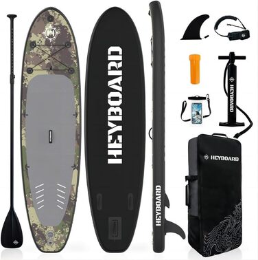 Надувна SUP-дошка HEYBOARD для веслування стоячи, комплект: насос, рюкзак, скловолоконне весло, страхувальний шнур, для водних видів спорту