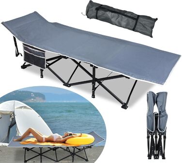 Складне кемпінгове ліжко YRHome для відпочинку на природі: надійне металеве каркас, міцна тканина Oxford 600D, з кишенею та сумкою для перенесення (190x62x38 см, до 250 кг)