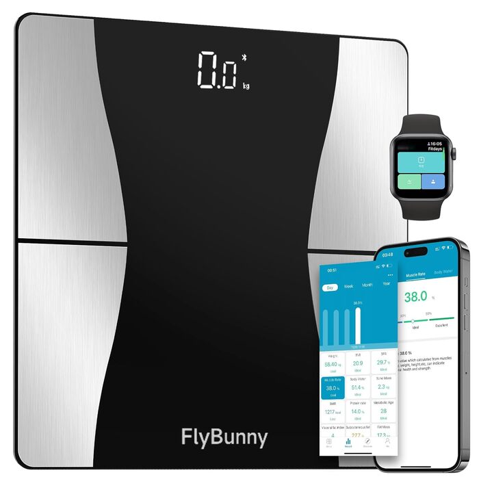 Ваги Flybunny для вимірювання складу тіла: жир, м'язи, BMI, пульс, вода, білок, кістки. Цифрові ваги для людей. Білий & Чорний колір