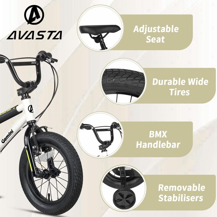 Дитячий велосипед AVASTA BMX 12/14/16 дюймів з бічними колесами та підніжкою, для хлопчиків і дівчаток 1-8 років, різнокольоровий