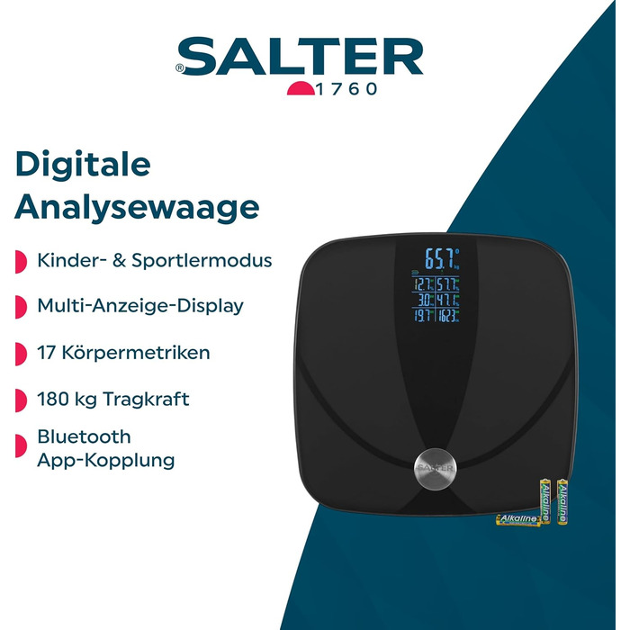 Електронна вага Salter для аналізу складу тіла – розумна вага з мультидисплеєм, 180 кг, 17 показників тіла (вага, жир, вода, м'язи, кістки, BMI, BMR), чорний колір