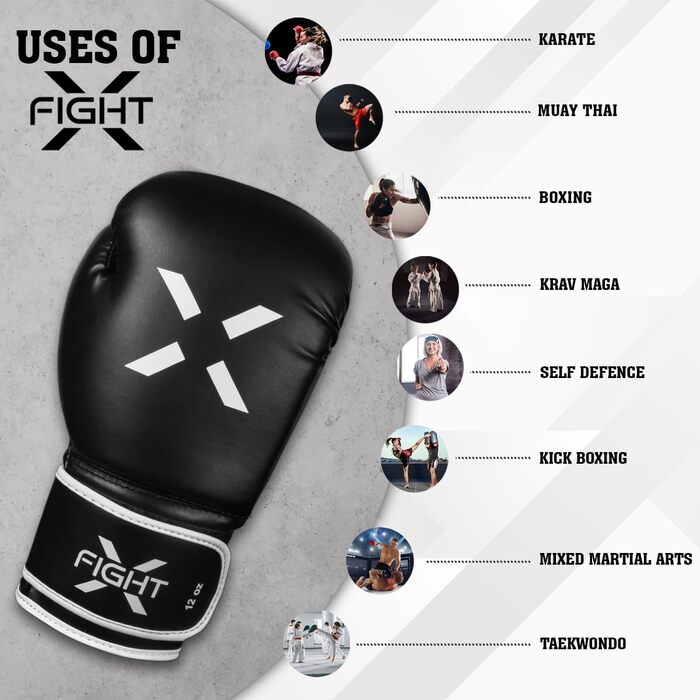 FightX Боксерські рукавички для MMA, тренувань і спарингів, легкі та важкі, для чоловіків і жінок, чорні/білі