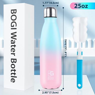 BOGI Ізольована пляшка для води, 750 мл, нержавіюча сталь, для дівчаток та хлопчиків, з щіткою для чищення