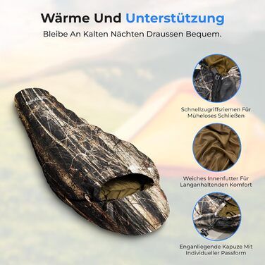 Спальний мішок SereneLife Mumienschlaф – легкий, теплий та водонепроникний для зими та холодних умов, ізоляція від -15 до 12 °C, гладкий блискавчик, компактний компресійний мішок, подушка для подорожей, для кемпінгу та відпочинку на природі (Real Tree)
