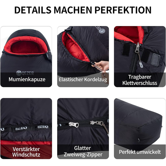 Сплячий мішок для дорослих та дітей, зимовий легкий, Outdoor 8°C ~ -30°C для кемпінгу та альпінізму, 650 FP гусячий пух, чорний, 1000г