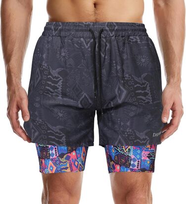 Чоловічі спортивні шорти 2-в-1 для бігу, тренувань та активного відпочинку (L, чорний камуфляж з квітковим підкладом)