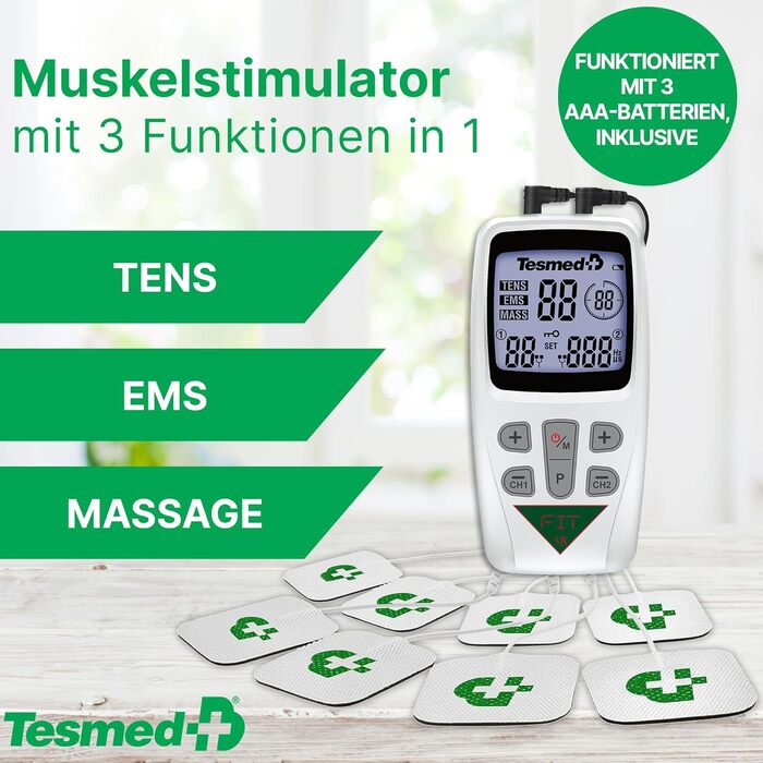 Електростимулятор м'язів TESMED Fit: EMS, TENS, масаж (3 в 1), 22 програми, 6 налаштовуються, для зняття болю та стимуляції м'язів живота, сідниць та грудей. Комплект з 8 електродів.