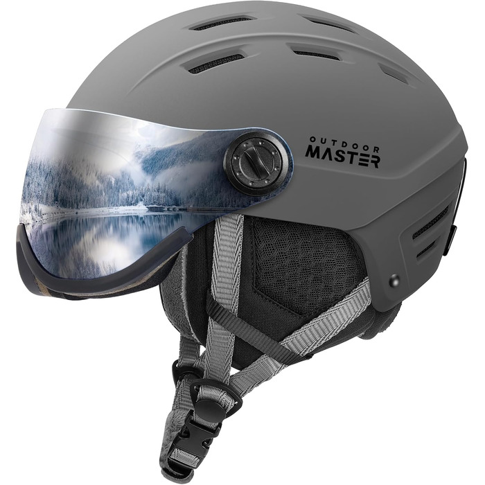 Шолом для сноубордингу та лиж OutdoorMaster з маскою, захисний EPS-піна, 14 вентиляційних отворів, сірий матовий, M