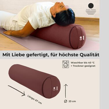 Йога-болстер Inner Peace: довге подування для йоги з органічної дінкової вати, 23 см, Made in Germany, знімний бавовняний чохол (лісова полуниця)