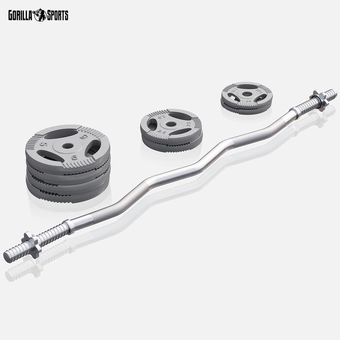 Набір гантелей GORILLA SPORTS 35 кг з SZ-грифом 120 см, чавунні диски 2x1,25 кг, 2x2,5 кг, 4x5 кг, діаметр 30 мм, рифлений хват, 2 замки-зірки