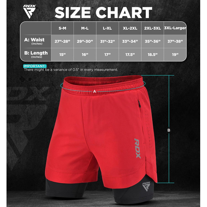 Шорти для бігу RDX для чоловіків, компресійні шорти 2-в-1, спортивні шорти для тренувань з кишенями на блискавці, ідеальні для фітнесу, бігу, плавання, йоги та велоспорту, червоні