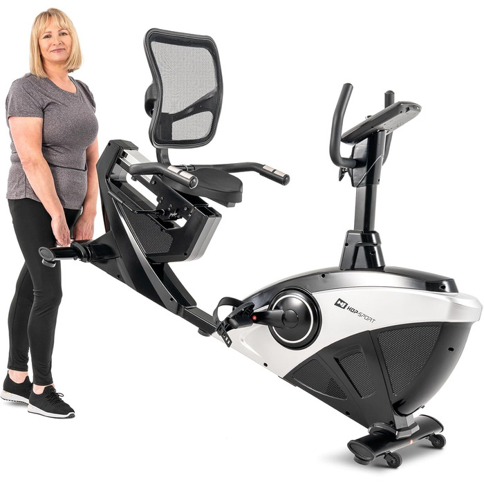 Горизонтальний велотренажер Hop-Sport HS-070L, Bluetooth, 12 програм, 16 рівнів навантаження, до 150 кг, сріблясто-чорний