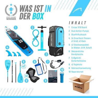 Набір для SUP Bluefin Cruise Premium: надувне весло для дорослих, з рюкзаком, веслом з фібергласу та насосом. 5 років гарантії. Колір: блакитний, довжина: 15'