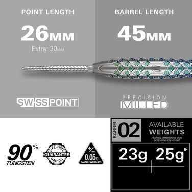 Професійний набір дротиків Target Rove Swiss Point 90% вольфрам, 23 г, зелено-сріблясті, сталевий наконечник, інструмент у комплекті