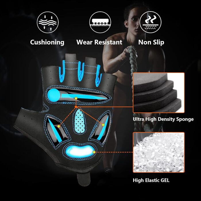 Велосипедні рукавички MTB напівпальцеві літні для чоловіків та жінок, з гелевою амортизацією, дихаючі, зручні, неслизькі, синього кольору