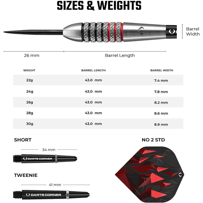 Набір дартсів Darts Corner Astrofire, корпус 90% вольфрам, сталеві наконечники, 6 флайтів, 6 шафтів, картка та кейс