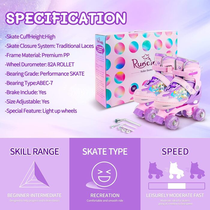 Дитячі ролики Kinder для дівчаток та жінок, 4 розміри, регульовані ролики для початківців, фіолетовий XL (35-39 EU), 215-245 мм