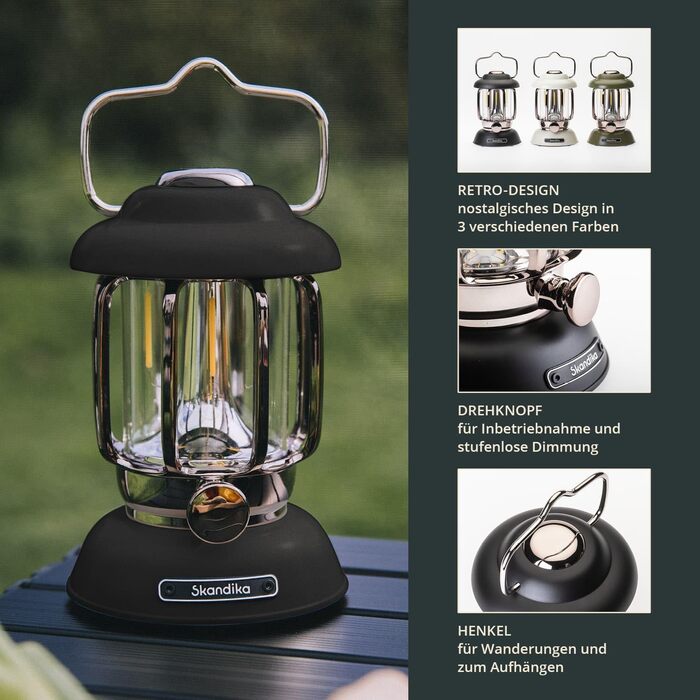 Ліхтар намету Skandika Forsol LED Retro-стиль | Акумулятор 4400mAh, регулювання яскравості, для кемпінгу, саду, декору, піших прогулянок, зелений (чорний)