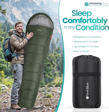 Спальний мішок Mumienschlafsack для дорослих - легкий, компактний, водонепроникний, з капюшоном, 220x85 см, теплий, придатний для прання, для кемпінгу, трекінгу, подорожей, зелений