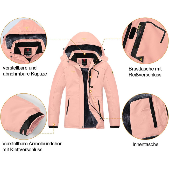 Жіноча зимова куртка YSENTO: водонепроникна, тепла флісова, функціональна з капюшоном, рожевий колір