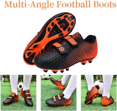 Дитячі футбольні бутси для хлопчиків та дівчаток, футбольні черевики з шипами для твердого поля, дитячі спортивні взуття для тренувань та занять на відкритому повітрі, дихаючі, антиковзкі, унісекс, розмір 28-37, 36 EU, чорний, оранжевий