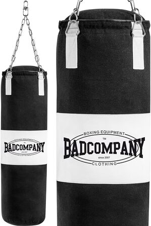 Боксерський мішок Bad Company з важким ланцюгом, брезентовий, з ПВХ-мішенню, наповнений/порожній, 100x30 см або 120x30 см, чорний/білий
