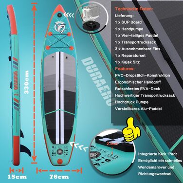 Надувна SUP-дошка комплект 330x76x15 см, преміум, з сидінням для каяка, подвійним веслом і аксесуарами, до 150 кг
