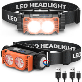 LED налобний ліхтар, 2 шт., 2000 люменів, перезаряджається, 3 режими, водонепроникний, для риболовлі, бігу, кемпінгу (Помаранчевий)