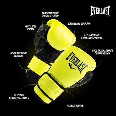 Боксерські рукавички Everlast Powerlock 2 Pro: для спарингу, тренувань з мішком та захисту зап'ястя. Оригінальні рукавички Everlast Gear, 12oz, NEON YELLOW