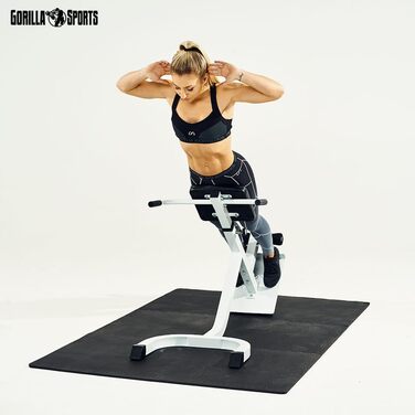Рік-тренажер GORILLA SPORTS® з регулюванням, до 120 кг, з фіксацією ніг, чорний/білий. Для тренування спини, пресу та м'язів кора. Ідеально для дому.