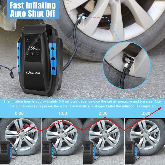 OneAmg 12V автомобільний компресор, цифровий портативний насос для шин, 150 PSI, з сенсорним екраном, 3 м шнур, синій