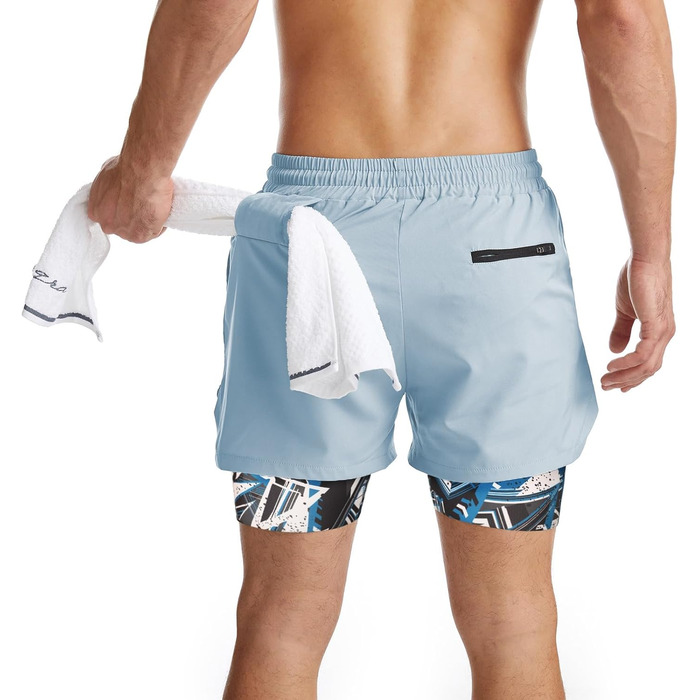 Чоловічі спортивні шорти 2-в-1 для бігу, тренувань та активного відпочинку (M, синій з камуфляжною підкладкою)