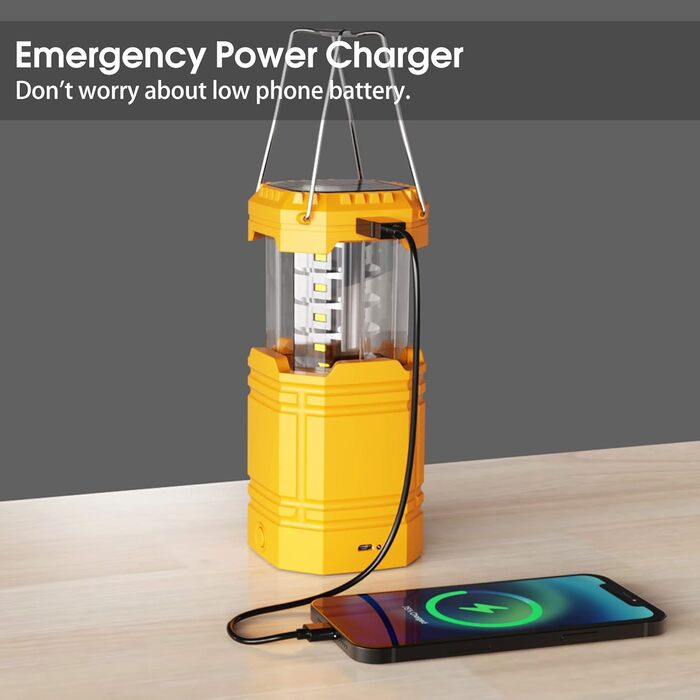 Сонячна кемпінгова лампа з ручним заводом, LED ліхтар, 3000 mAh Power Bank, водонепроникна, для туризму та виживання, жовта