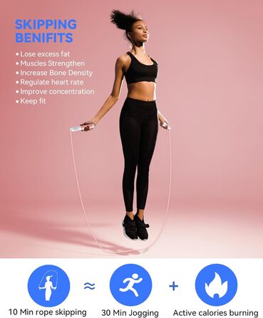 Стрибкове канат iMoebel з лічильником, регульований, швидкозмінний, сталевий трос, антиковзні ручки, підрахунок калорій, таймер для фітнесу, боксу, схуднення, кросфіту, рожево-білий