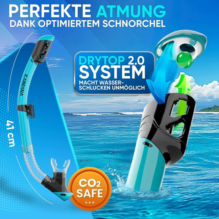 Комплект для снорклінгу Kaimana AquaVision Elite для дорослих з сумкою: маска, трубка, комфортний ремінець (Прозорий/Бірюзовий)