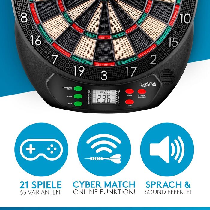 Електронний дартс DartPro DAS ORIGINAL - Професійна кидкова мішень з 6 дротиками, бездротова, 65 варіантів ігор, Double IN/Double OUT